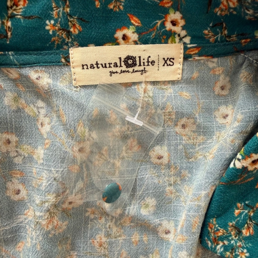 Natural Life Teal Floral Button Front Mini Dress Short Puff Sleeve XS Boho NWOT - Picture 4 of 7